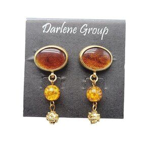 Darlene Group Brown Faux Amber Acrylic Dangle Bead Gold Tone Earrings (B)